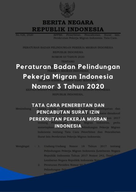 Peraturan Badan Pelindungan Pekerja Migran Indonesia Nomor 3 Tahun 2020